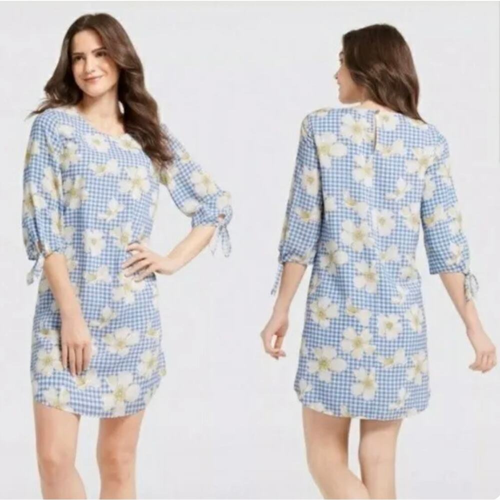 Draper James NEW Dress Women's 2 Exclusive Scad Blue Gingham Floral Shift Mini